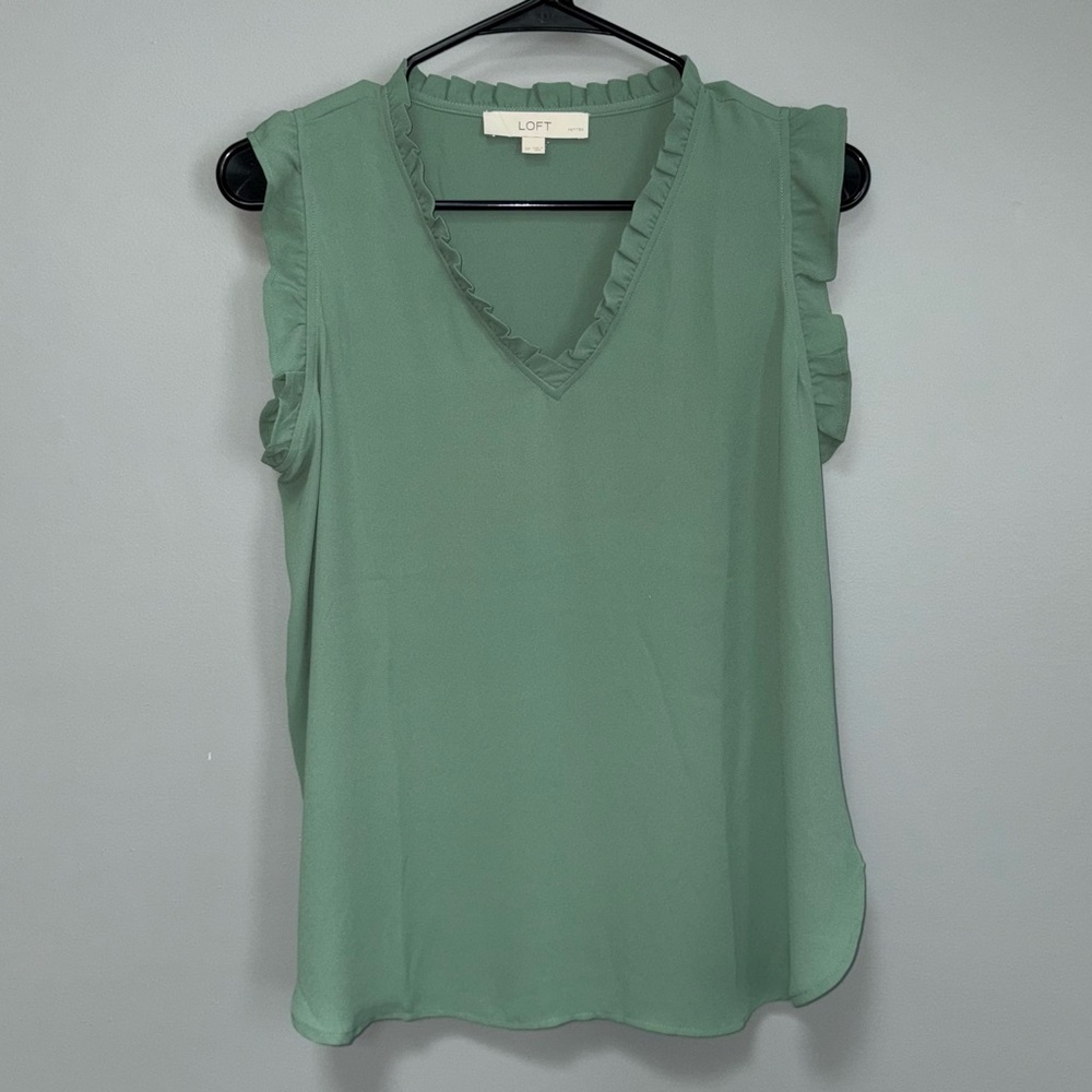 LOFT Sage Green Ruffle Trim V-Neck Feminine Lightweight Blouse Shirt Size SP